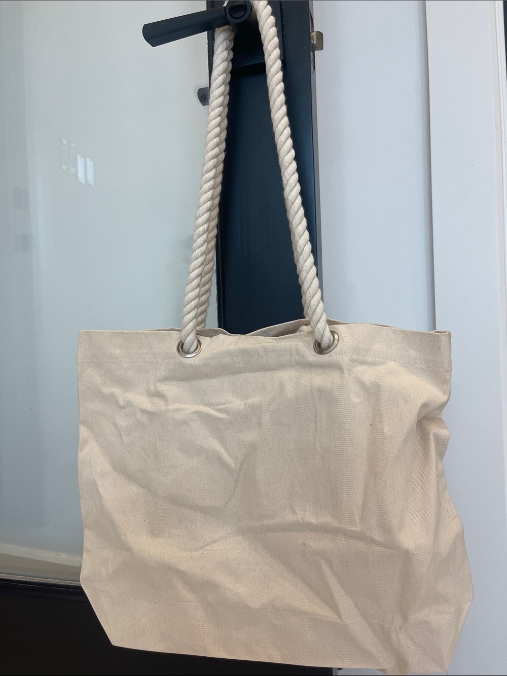Beige Canvas Tote with White Logo and Rope Handles - Picture 2 of 2